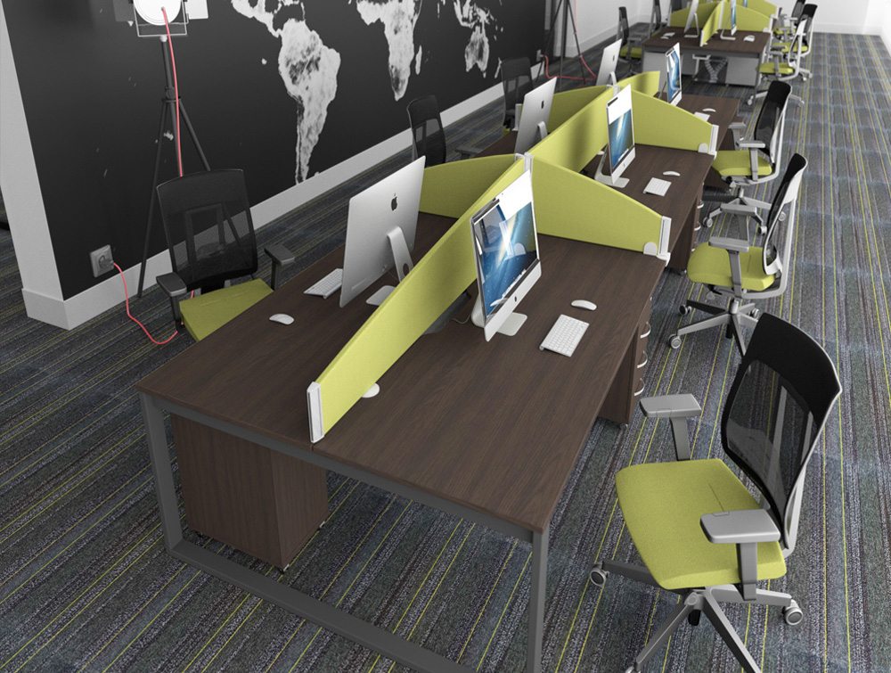 mesh office chairs with green upholstery and matching desk screens on dark walnut table tops